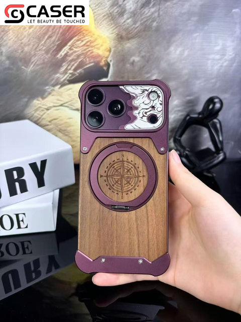 Aluminum Horse Face Pattern Wood Texture Back Cover Magnetic Stand Anti-drop Phonecover for IPhone18pro Max /Samsung S22-26U