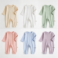 Combinaison à manches longues pour bébé, 100% coton, jacquard, à œillets, couleur unie, unisexe, pour nouveau-né, fermeture à boutons pression, douce et respirante