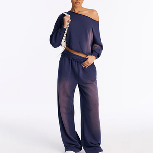 OEM Custom High Quality <b>Oversized</b> Faded Streetwear Women Vintage Acid Wash Embroidered Stone Wash <b>Hoodie</b> & Sweatpants - Product Image 2