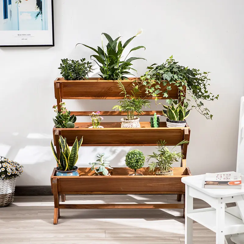 Cajas de macetas verticales rústicas de 3 niveles, cama de jardín elevada Vertical de madera con patas para verduras, flores, jardín al aire libre