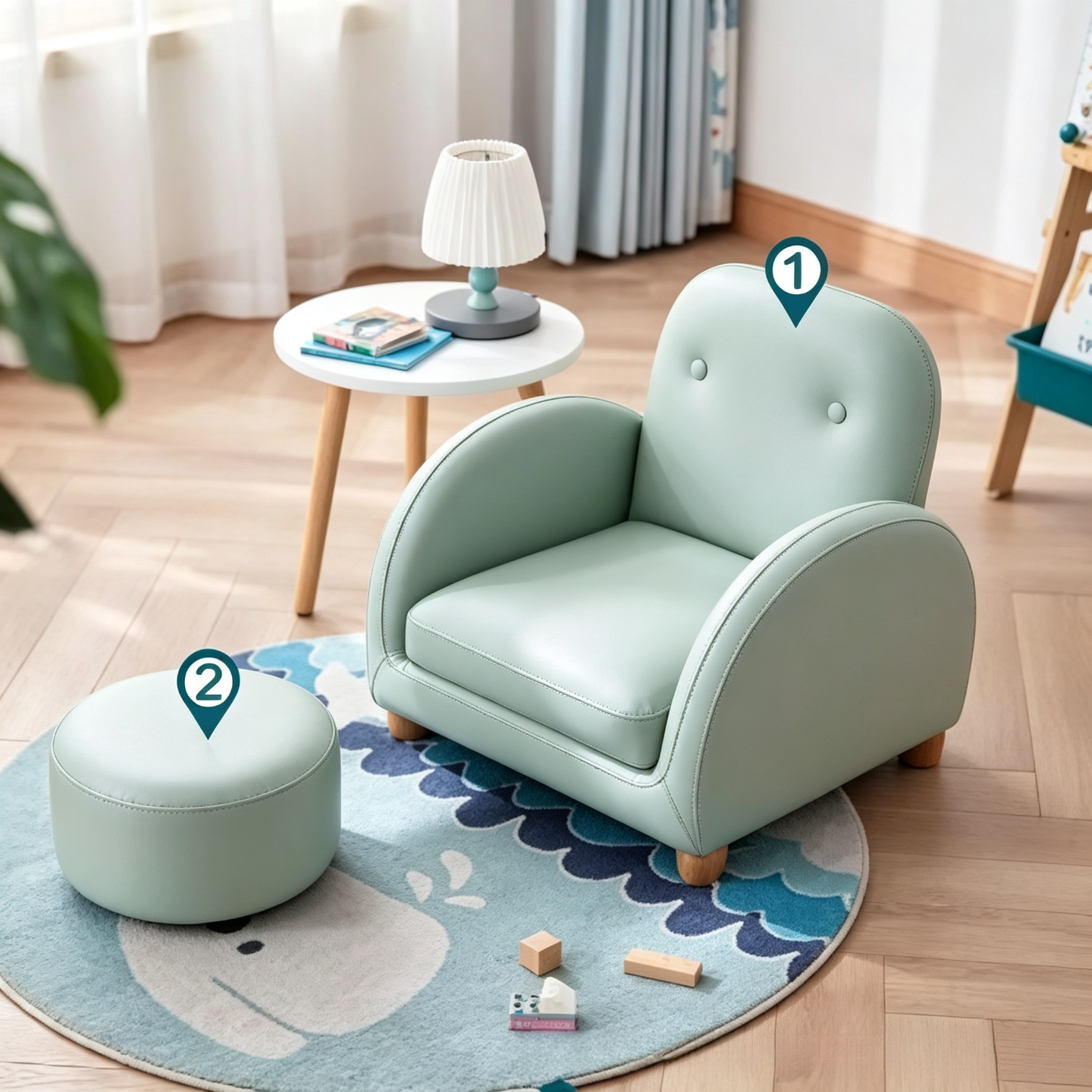 Kids Sofa & Ottoman Set – Cute Mini Armchair with Foam Cushion and Pine Wood Frame for Toddlers - View 3