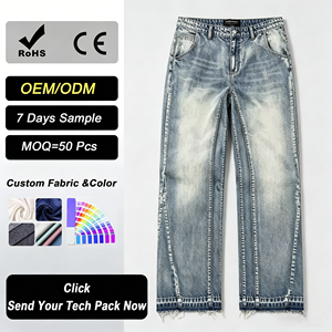 Vaqueros Hip Hop de Pierna Ancha con Bajo Deshilachado Personalizado <span class=keywords><strong>para</strong></span> Hombre, de Cintura Alta, Ajuste Holgado, Lavado a la Piedra, Estilo Urbano, Venta al por Mayor - Product Image 1