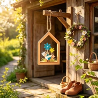 Ornement de nichoir à oiseaux en bois peint à la main, découpé ajouré, maison à oiseaux et fleurs, décoration suspendue pour jardin, patio, mur, porte, intérieur et extérieur