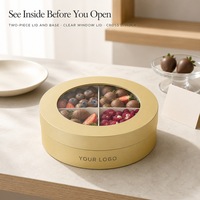 Boîte cadeau métallique ronde personnalisée en gros, deux pièces, avec couvercle et base, couvercle à fenêtre transparente et séparateur transversal pour l'emballage de desserts