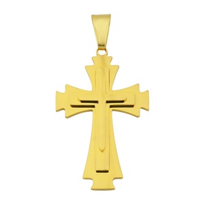 Collar con Colgante de Cruz de Acero Inoxidable de Tres Capas, Chapado en Oro de Alto Brillo, Color Dorado, Religión y Fe - Product Image 5