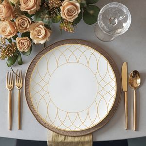 Assiettes de présentation en porcelaine fine rose, motif végétal, avec bord doré, pour mariages (vente en gros) - Product Image 5