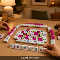En stock : Ensemble de Mahjong américain de luxe moderne de 160 tuiles, avec tapis en acrylique rose Art Déco et jeu de poker portable gravé vert 4 couches