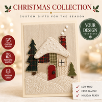 Carte de vœux personnalisée de Noël 5x7 pouces en feutre de lin 300 g/m² avec applique cabane d'hiver, enveloppe assortie et estampage à chaud en relief