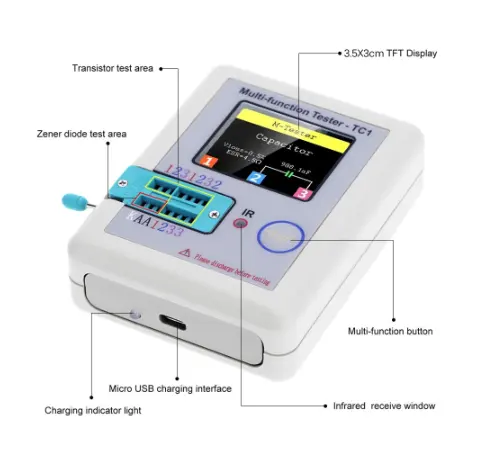 LCR-TC1 1.8" TFT LCD Display Multi-meter Transistor Tester Diode Triode Capacitor Resistor Test Meter MOSFET NPN PNP Triac MOS