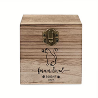 Boîte commémorative personnalisée pour animaux de compagnie au design carré - Avec dates - Icônes d'animaux de compagnie avec fermoir - Boîte en bois naturel pour urne d'animal de compagnie