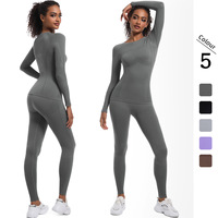 TongJoes Ensemble de yoga 2 pièces en élasthanne/nylon sans couture, sans couture, taille haute, col en V, pleine longueur, qui évacue la transpiration
