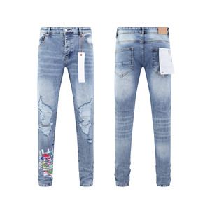 Quần Jean Nam Cao Cấp Thiết Kế Rách Phong Cách Vintage Slim Màu Xanh Quần Nam Denim Xước - Product Image 3