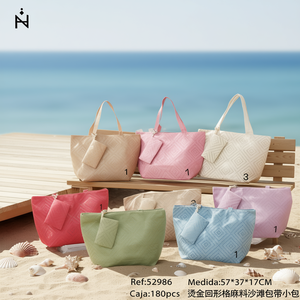 Sac de plage en lin à carreaux estampé or 57x37x17 cm avec petite sangle - Product Image 3