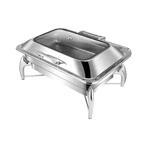 Pratos de Chaffing Retangular Aço Inoxidável Equipamento Double pan 9L Flip Top Chafing Pratos Twin Container Food Warmer