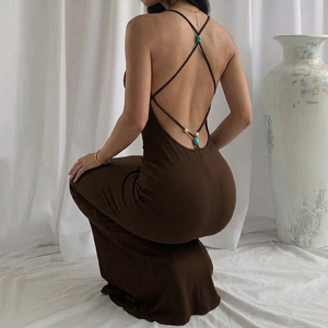 Vestido de mujer sexy con tirantes finos, sin espalda, largo hasta el suelo, de elastano, cintura natural, con cuentas, elástico, con tirantes cruzados, para resort o vacaciones - Product Image 2