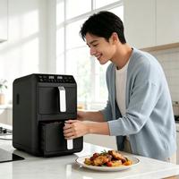 Four à friture sans huile double panier 5+5L avec écran LED et contrôle numérique pour cuisson, pâtisserie, rôtissage, déshydratation et protection contre la surchauffe