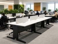 Bureau de bureau moderne avec cloison de séparation blanche et canal de câblage sous le bureau pour table de travail commerciale en espace ouvert