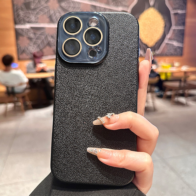 Litchi Grain Vegan Leather Case for iPhone 16 Pro Max, Integrated Camera Lens Bumper, Impact Resistant PC Back TPU Frame