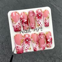 TSZS 10 pièces – Faux ongles à presser faits main, qualité salon, pointe française noire, motifs floraux 3D de luxe, carrés, épais, en acrylique, prêts à poser