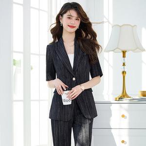 Women's White Summer Thin Suit Jacket Short Sleeve Breathable Woven Polyester Stripes Casual Suit Set For Petite Women - Product Image 2