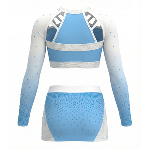 Uniforme de cheerleading pour filles, bleu clair et blanc, avec strass, haut court à manches longues, tenue de cheerleading de l'équipe Clements - Product Image 4