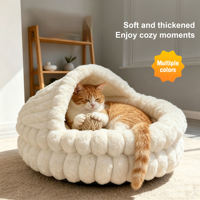 Lit pour chat en fausse fourrure de lapin côtelée et moelleuse, semi-fermé, type grotte à capuche, chaud, antidérapant, lavable, vente en gros