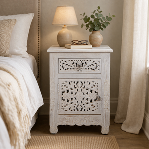 Floral Carved Wood Accent Table with Drawer & Cupboard - Distressed <b>White</b> Finish - Product Image 1