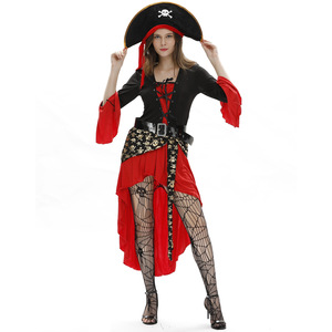 Costume de pirate féminin d'Halloween à manches longues, style western, avec crâne et thème caribéen - Product Image 4