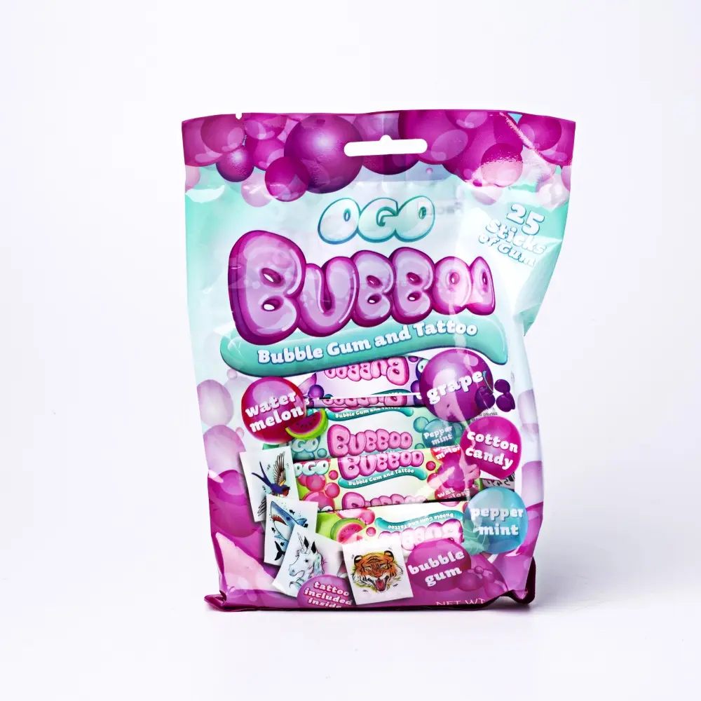 Gommes à bulles colorées de saveur fruitée emballées par sac populaire avec du papier de tatouage