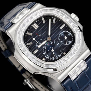 Montre automatique carrée pour homme avec lunette sertie de diamants, cadran vertical noir et bleu avec chronographe phase de lune, montre mécanique - Product Image 2