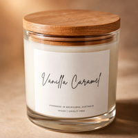 Bougie parfumée en verre FTQS avec couvercle en bois, parfum vanille caramel chai latte, cadeau, décoration d'intérieur, vente en gros, OEM, étiquette privée
