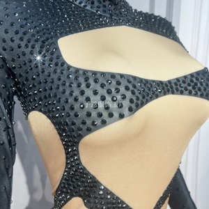 Combinaison de danse du ventre pour femmes avec strass brillants, manches longues, en spandex/nylon, ensembles pour costume de soirée - Product Image 4