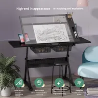 Bureau de travail pour dessin, peinture, art, ordinateur, designer, avec plateau en verre et cadre en fer réglable en hauteur