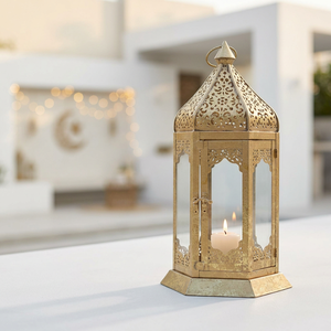 Décorations du Ramadan 2027, lanterne à bougie marocaine en métal doré pour la maison et les événements - Product Image 1