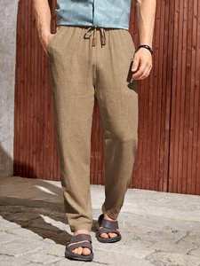 Pantaloni di lino con coulisse leggeri piatti Casual regolari pantaloni di lino traspiranti in cotone 100% per <span class=keywords><strong>uomo</strong></span> - Product Image 5