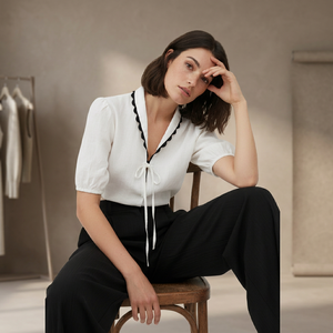 Stylish Asymmetrical Crop <b>Top</b> <b>White</b> <b>Tie</b> Front Puff Sleeve Lightweight Soft Fabric Comfortable Summer Blouse Retro Design Casual - Product Image 4