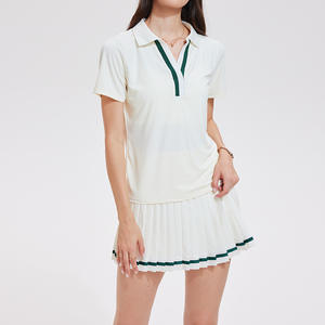 Setelan Pakaian Golf Tenis Wanita Warna Kontras Kerah Polo Kaos V-Neck Rok Tenis Lipit dengan Celana Pendek - Product Image 6