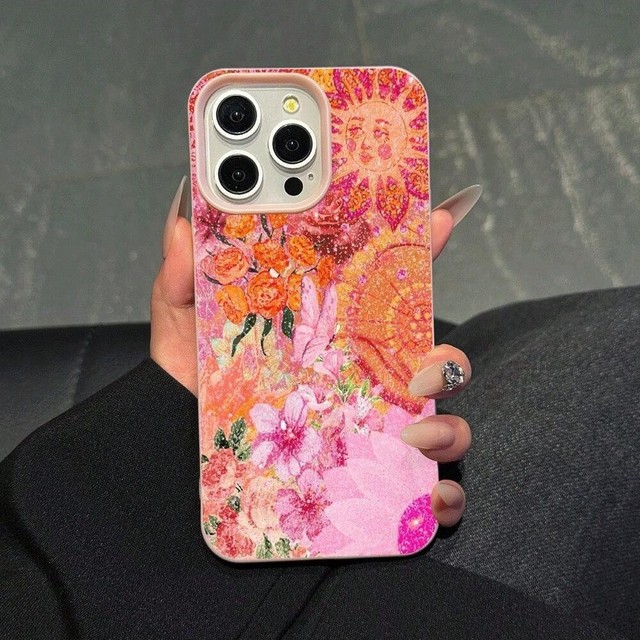 New Oil Painting Sparkling Pink Sun Flowers Butterfly Roses Phone Case for iphone 17 16 15 14 Pro Max Faux Leather Texture Cover