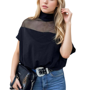 Blusa y Tops de moda personalizada para mujer otoño 2024 Flare manga corta <span class=keywords><strong>cuello</strong></span> <span class=keywords><strong>tortuga</strong></span> gasa malla empalme camisas transparentes para dama - Product Image 1