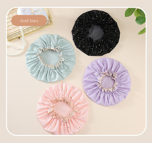 <span class=keywords><strong>Bonnet</strong></span> de Douche Réutilisable Double Couche pour Femmes et Filles, Imprimé Étoiles Dorées <span class=keywords><strong>Fantaisie</strong></span>, Imperméable, Vente en Gros - Product Image 5