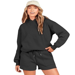 Conjunto de 2 Piezas para Mujer, Sudadera con Capucha y Pantalones Cortos Negros, Corte Holgado Informal, Felpa, Color Sólido, Uso Diario, Primavera/Verano - Product Image 1