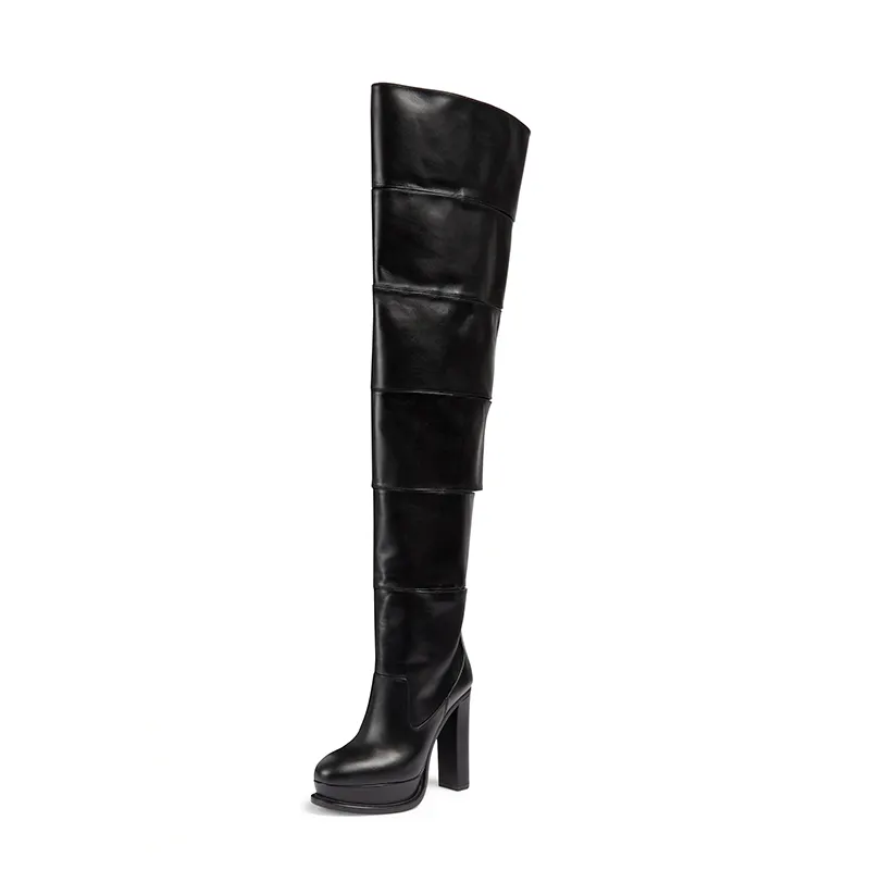 2023 Fall New Come Women's Rain Boots Thigh High Long Black Patent Leather Punk Platform Boots For Women With Heels Sexy Ladies