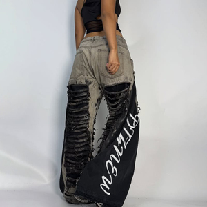 DiZNEW 2025, fabricante de hombres, <span class=keywords><strong>pantalones</strong></span> vaqueros, corte de retazos, pierna ancha, efecto rasgado, ropa de calle, estilo Hip-Hop, MOQ bajo, muestra rápida - Product Image 2