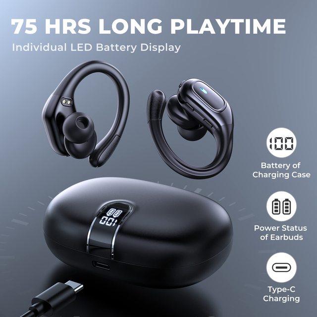 BX28 Sport Earhook Wireless Headphones with CE FCC Rohs Noise Cancelling IPX5 Waterproof LED Display Airbuds Bluetooth Earphone