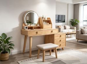 Premium Oak Combined Dressing Table Round <b>Mirror</b> Double Side Storage Cabinet Makeup <b>Vanity</b> Set With Cushioned Stool - Product Image 4