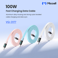 Kabel Miccell OEM 100W Tipe-C 1.5M 480Mbps Kabel Pengisi Daya USB Datar Berjalin dengan Layar Pintar untuk Ponsel Tablet Kabel Kustom USB C