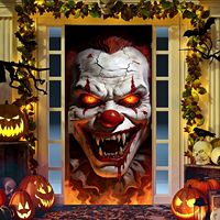 Décoration de porte d'Halloween : Autocollant Horreur, Taches de Sang, Zombie, Sorcière, Fantôme, Fenêtre Brisée 3D, Rideau de Porte Rectangulaire en Polyester
