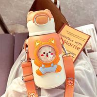 Mignonne gourde isotherme pour enfants de 500 ml en acier inoxydable 316 sans BPA, motif ours de dessin animé, portable, avec paille et sangle pour étudiants et jeunes enfants