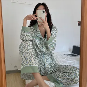 Hot selling fashion satin women's pajamas spring and autumn new lace snow silk leopard thin cardigan home suit