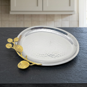 Oval Polished Metal <b>Serving</b> <b>Tray</b> With <b>Gold</b> Leaf Decorative Handle Residential Use Decorative Finish - Product Image 1